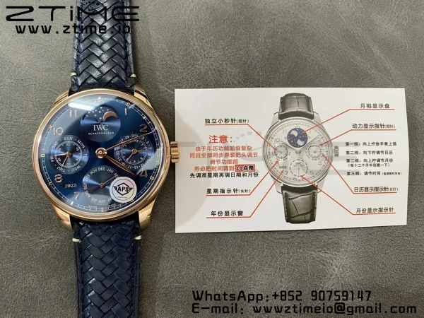 IWC Portugieser Ikuinen kalenteri IW503312 RG APSF 1:1 Best Edition Blue Dial sininen kudottu nahkahihna A52610 Clone - Super Clone Watch | 1:1 Paras versio