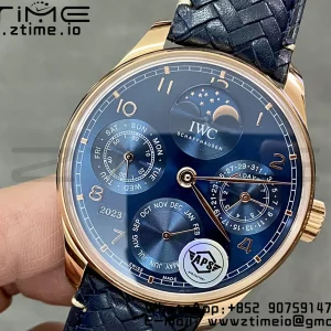 IWC Portugieser Ikuinen kalenteri IW503312 RG APSF 1:1 Best Edition Blue Dial sininen kudottu nahkahihna A52610 Clone - Super Clone Watch | 1:1 Paras versio