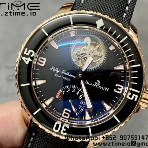 Blancpain Fifty Fathoms Tourbillon RG Real PR JBF Best Edition Black Dial on Black Nylon Strap (Free Extra Strap) - Super Clone Watch | 1:1 Best Version