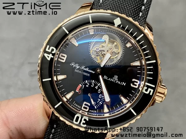 Blancpain Fifty Fathoms Tourbillon RG Real PR JBF Best Edition Black Dial on Black Nylon Strap (Free Extra Strap) - Super Clone Watch | 1:1 Best Version