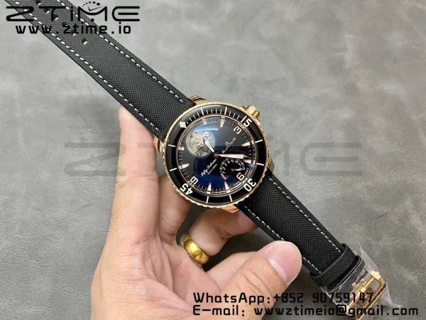Blancpain Fifty Fathoms Tourbillon RG Real PR JBF Best Edition Black Dial on Black Nylon Strap (Free Extra Strap) - Super Clone Watch | 1:1 Best Version