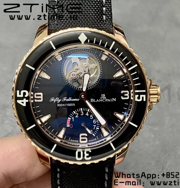 Blancpain Fifty Fathoms Tourbillon RG Real PR JBF Best Edition Black Dial on Black Nylon Strap (Free Extra Strap) - Super Clone Watch | 1:1 Best Version