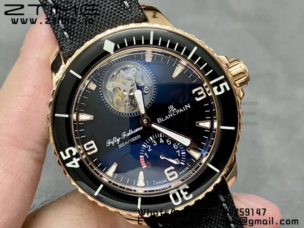 Blancpain Fifty Fathoms Tourbillon RG Real PR JBF Best Edition Black Dial on Black Nylon Strap (Free Extra Strap) - Super Clone Watch | 1:1 Best Version