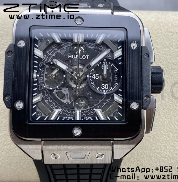 HUBLOT Square Bang Unico 42mm 821.NM.0170.RX Titanium BBF 1:1 Best Edition Skeleton Dial Ceramic Bezel on Black Rubber Strap A1280 - Super Clone Watch | 1:1 Best Version