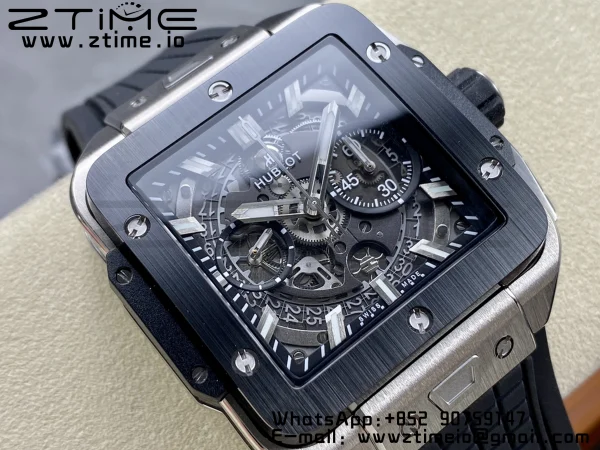 HUBLOT Square Bang Unico 42mm 821.NM.0170.RX Titanium BBF 1:1 Best Edition Skeleton Dial Ceramic Bezel on Black Rubber Strap A1280 - Super Clone Watch | 1:1 Best Version