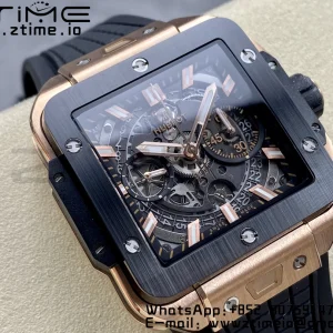 HUBLOT Square Bang Unico 42mm 821.OM.0180.RX RG BBF 1:1 Best Edition Skeleton Dial Ceramic Bezel on Black Rubber Strap A1280 - Super Clone Watch | 1:1 Best Version