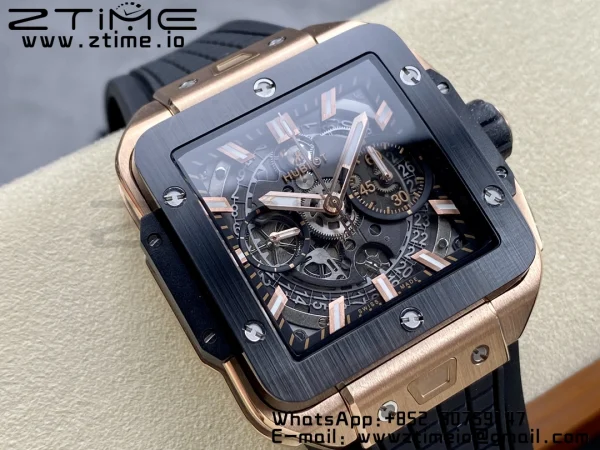 HUBLOT Square Bang Unico 42mm 821.OM.0180.RX RG BBF 1:1 Best Edition Skeleton Dial Ceramic Bezel on Black Rubber Strap A1280 - Super Clone Watch | 1:1 Best Version