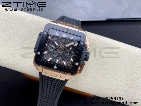 HUBLOT Square Bang Unico 42mm 821.OM.0180.RX RG BBF 1:1 Best Edition Skeleton Dial Ceramic Bezel on Black Rubber Strap A1280 - Super Clone Watch | 1:1 Best Version
