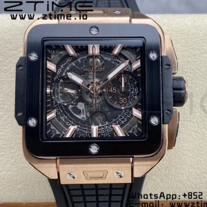 HUBLOT Square Bang Unico 42mm 821.OM.0180.RX RG BBF 1:1 Best Edition Skeleton Dial Ceramic Bezel on Black Rubber Strap A1280 - Super Clone Watch | 1:1 Best Version