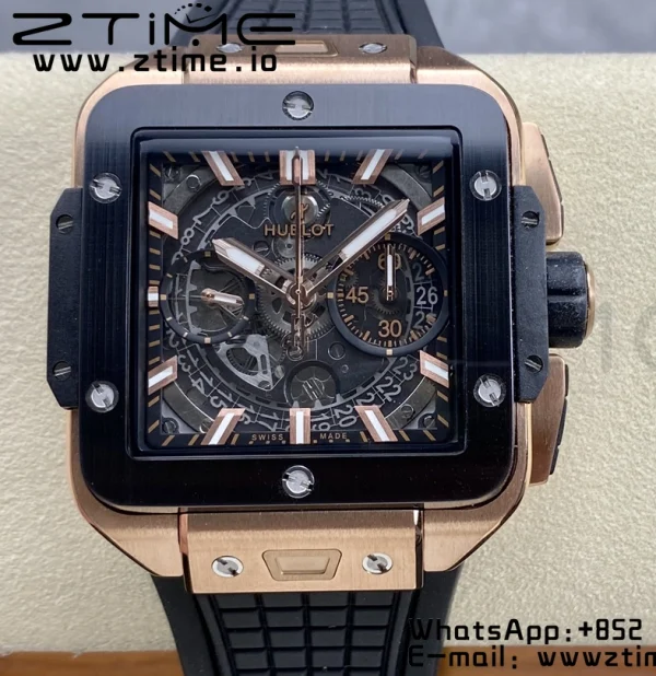 HUBLOT Square Bang Unico 42mm 821.OM.0180.RX RG BBF 1:1 Best Edition Skeleton Dial Ceramic Bezel on Black Rubber Strap A1280 - Super Clone Watch | 1:1 Best Version
