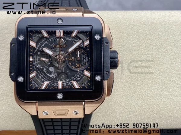 HUBLOT Square Bang Unico 42mm 821.OM.0180.RX RG BBF 1:1 Best Edition Skeleton Dial Ceramic Bezel on Black Rubber Strap A1280 - Super Clone Watch | 1:1 Best Version