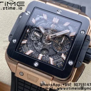 HUBLOT Square Bang Unico 42mm 821.OM.0180.RX RG BBF 1:1 Best Edition Skeleton Dial Ceramic Bezel on Black Rubber Strap A1280 - Super Clone Watch | 1:1 Best Version