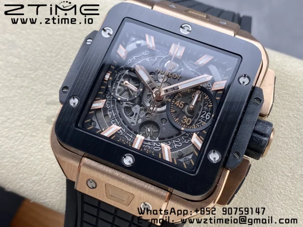 HUBLOT Square Bang Unico 42mm 821.OM.0180.RX RG BBF 1:1 Best Edition Skeleton Dial Ceramic Bezel on Black Rubber Strap A1280 - Super Clone Watch | 1:1 Best Version