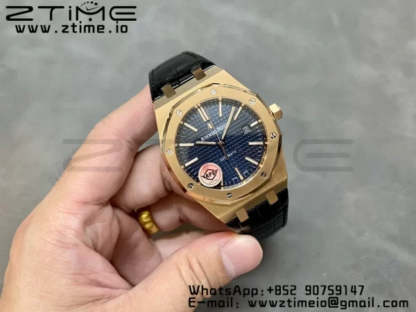 Audemars Piguet Royal Oak 41mm 15400 RG APSF 1:1 Best Edition Blue Dial on Black Leather Strap SA3120 Super Clone V4 (Gain Weight) 157g - Super Clone Watch | 1:1 Best Version