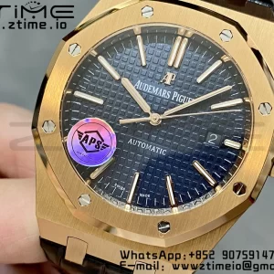 Audemars Piguet Royal Oak 41mm 15400 RG APSF 1:1 Best Edition Blue Dial on Black Leather Strap SA3120 Super Clone V4 (Gain Weight) 157g - Super Clone Watch | 1:1 Best Version