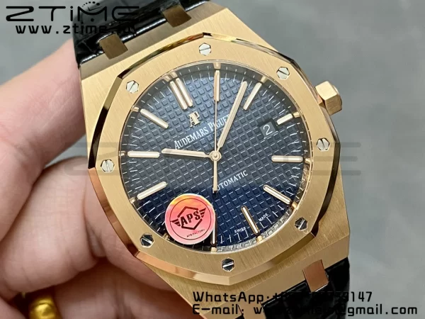 Audemars Piguet Royal Oak 41mm 15400 RG APSF 1:1 Best Edition Blue Dial on Black Leather Strap SA3120 Super Clone V4 (Gain Weight) 157g - Super Clone Watch | 1:1 Best Version