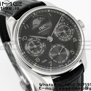 IWC ポルトギーゼ・パーペチュアル・カレンダー IW503301 SS APSF 1:1 ベスト・エディション ブラックレザーストラップ グレー文字盤 A52610 クローン - スーパークローン時計｜1:1 ベスト・バージョン