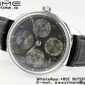 IWC ポルトギーゼ・パーペチュアル・カレンダー IW503301 SS APSF 1:1 ベスト・エディション ブラックレザーストラップ グレー文字盤 A52610 クローン - スーパークローン時計｜1:1 ベスト・バージョン