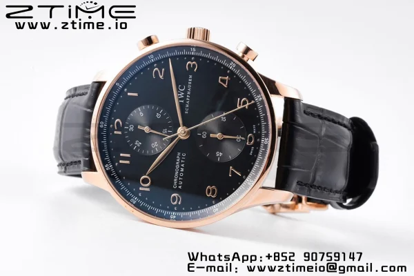 IWC ポルトギーゼ・クロノ IW371415 RG ZF 1:1ベスト・エディション ブラック文字盤 x ブラック・レザー・ストラップ DD7750 - スーパークローン・ウォッチ｜1:1ベスト・バージョン