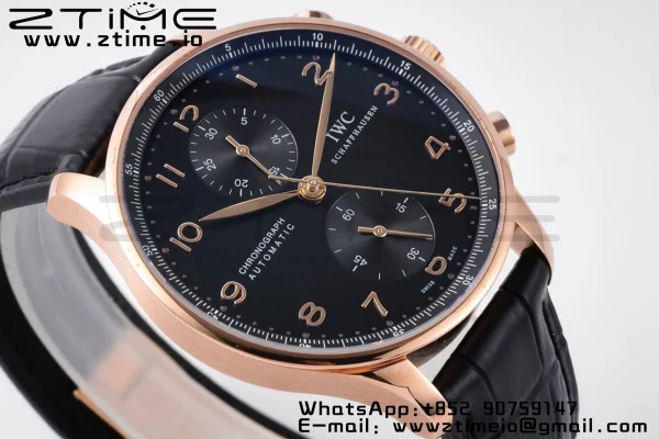 IWC ポルトギーゼ・クロノ IW371415 RG ZF 1:1ベスト・エディション ブラック文字盤 x ブラック・レザー・ストラップ DD7750 - スーパークローン・ウォッチ｜1:1ベスト・バージョン
