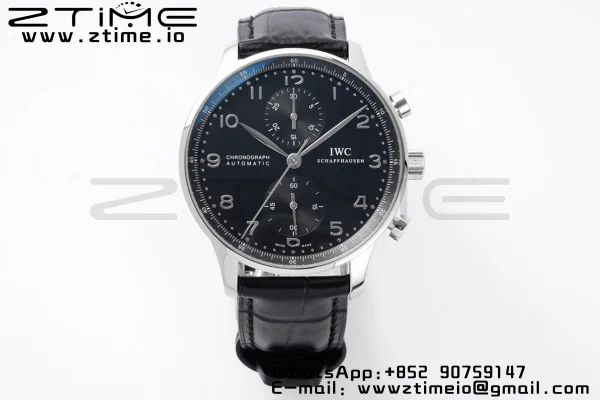 IWC Portoghese Chrono IW371447 ZF 1:1 Best Edition Quadrante nero su cinturino in pelle nera DD7750 - Orologio Super Clone | 1:1 Best Version
