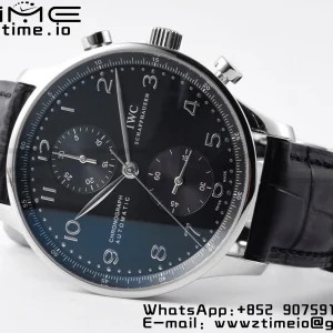 IWC Portoghese Chrono IW371447 ZF 1:1 Best Edition Quadrante nero su cinturino in pelle nera DD7750 - Orologio Super Clone | 1:1 Best Version