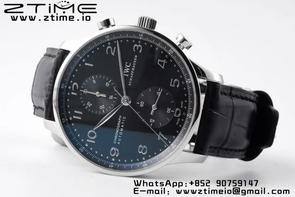 IWC Portoghese Chrono IW371447 ZF 1:1 Best Edition Quadrante nero su cinturino in pelle nera DD7750 - Orologio Super Clone | 1:1 Best Version