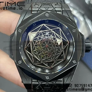 HUBLOT Big Bang Sang Bleu DLC Titanium 415.CX.1112.VR.MXM18 WWF 1:1 Best Edition Black Skeletonal Dial On Black Gummy Strap Asian HB1213 - Super Clone Watch | 1:1 Best Version