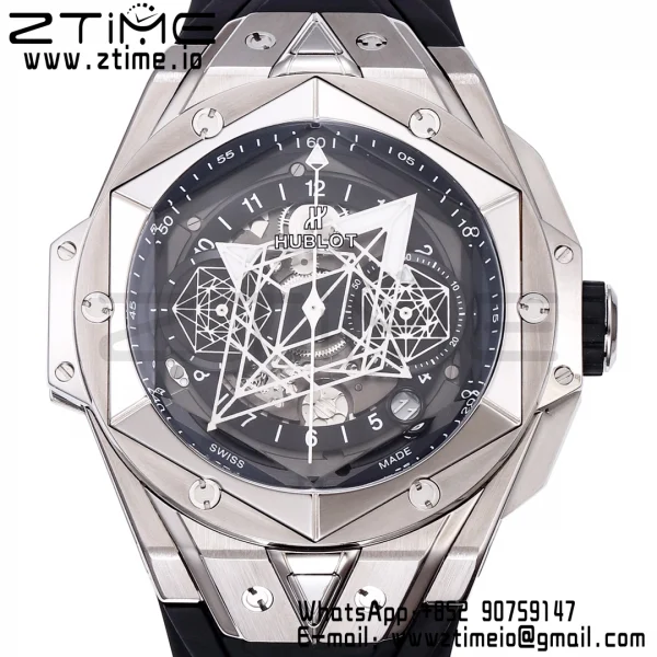 HUBLOT Big Bang Sang Bleu II Chrono 418.NX.1107.RX.MXM19 Titanium BBF Best Edition SS Bezel Black Dial on Black Rubber Strap HUB1240 - Super Clone Watch | 1:1 Best Version