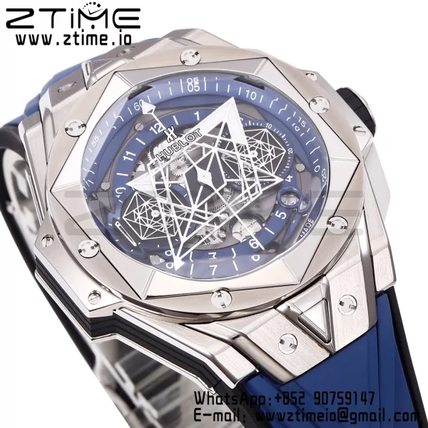 HUBLOT Big Bang Sang Bleu II Chrono 418.NX.5107.RX.MXM20 Titanium BBF Best Edition SS Bezel Blue Dial on Blue Rubber Strap HUB1240 - Super Clone Watch | 1:1 Best Version