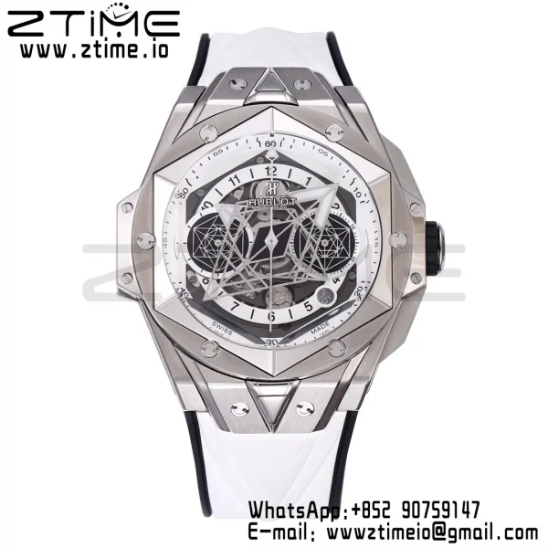 HUBLOT ビッグ・バン サング・ブルーII クロノ 418.NX.2001.RX.MXM20 チタンBBF ベストエディション SSベゼル ホワイトダイアル ホワイトラバーストラップ HUB1240 - スーパークローンウォッチ｜1:1 ベストバージョン