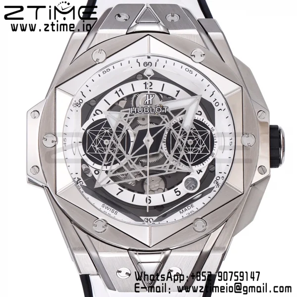 HUBLOT ビッグ・バン サング・ブルーII クロノ 418.NX.2001.RX.MXM20 チタンBBF ベストエディション SSベゼル ホワイトダイアル ホワイトラバーストラップ HUB1240 - スーパークローンウォッチ｜1:1 ベストバージョン
