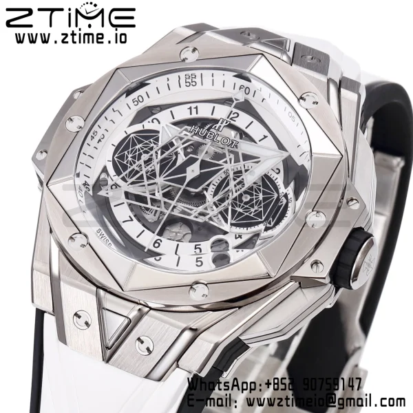 HUBLOT ビッグ・バン サング・ブルーII クロノ 418.NX.2001.RX.MXM20 チタンBBF ベストエディション SSベゼル ホワイトダイアル ホワイトラバーストラップ HUB1240 - スーパークローンウォッチ｜1:1 ベストバージョン