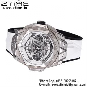HUBLOT ビッグ・バン サング・ブルーII クロノ 418.NX.2001.RX.MXM20 チタンBBF ベストエディション SSベゼル ホワイトダイアル ホワイトラバーストラップ HUB1240 - スーパークローンウォッチ｜1:1 ベストバージョン