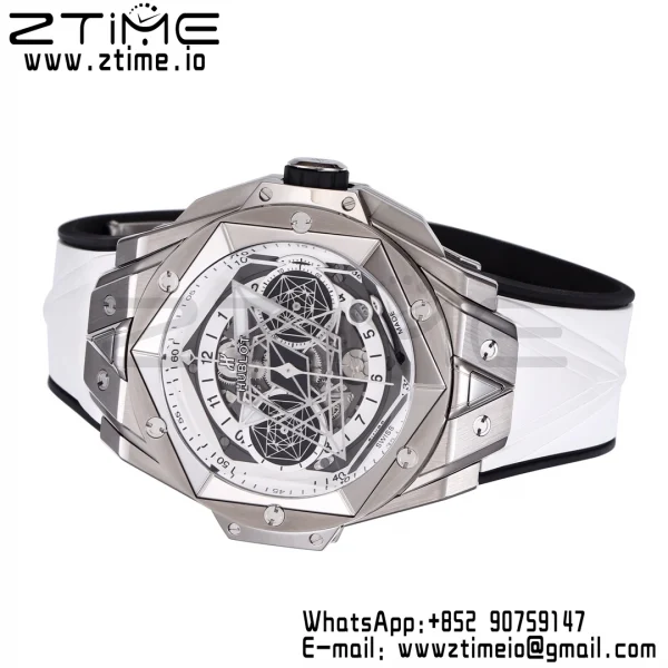 HUBLOT ビッグ・バン サング・ブルーII クロノ 418.NX.2001.RX.MXM20 チタンBBF ベストエディション SSベゼル ホワイトダイアル ホワイトラバーストラップ HUB1240 - スーパークローンウォッチ｜1:1 ベストバージョン