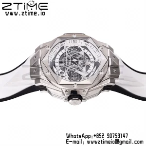 HUBLOT ビッグ・バン サング・ブルーII クロノ 418.NX.2001.RX.MXM20 チタンBBF ベストエディション SSベゼル ホワイトダイアル ホワイトラバーストラップ HUB1240 - スーパークローンウォッチ｜1:1 ベストバージョン