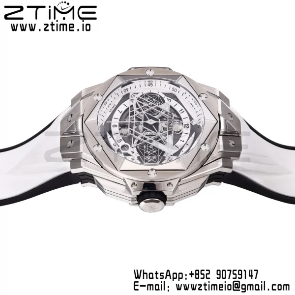 HUBLOT ビッグ・バン サング・ブルーII クロノ 418.NX.2001.RX.MXM20 チタンBBF ベストエディション SSベゼル ホワイトダイアル ホワイトラバーストラップ HUB1240 - スーパークローンウォッチ｜1:1 ベストバージョン