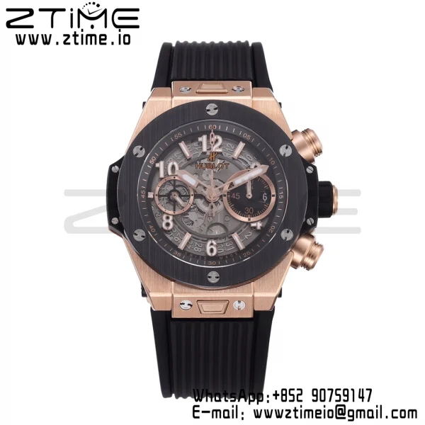 HUBLOT Big Bang Unico 44mm 421.OM.1180.RX RG BBF 1:1 Best Edition Cadran Squelette Lunette Céramique Noire sur Bracelet Caoutchouc Noir A1280 V2 - Super Clone Watch | 1:1 Best Version