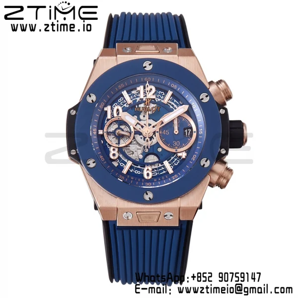 HUBLOT Big Bang Unico 44mm 421.OL.5180.RX RG BBF 1:1 Best Edition Skeleton Dial Blue Ceramic Bezel on Blue Rubber Strap A1280 V2 - Super Clone Watch | 1:1 Best Version