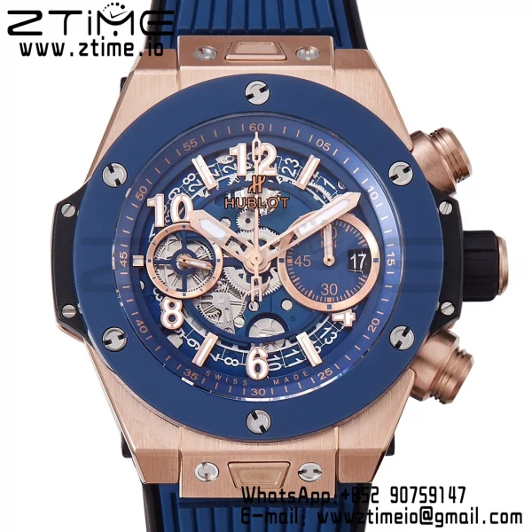 HUBLOT Big Bang Unico 44mm 421.OL.5180.RX RG BBF 1:1 Best Edition Skeleton Dial Blue Ceramic Bezel on Blue Rubber Strap A1280 V2 - Super Clone Watch | 1:1 Best Version