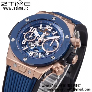 HUBLOT Big Bang Unico 44mm 421.OL.5180.RX RG BBF 1:1 Best Edition Skeleton Dial Blue Ceramic Bezel on Blue Rubber Strap A1280 V2 - Super Clone Watch | 1:1 Best Version