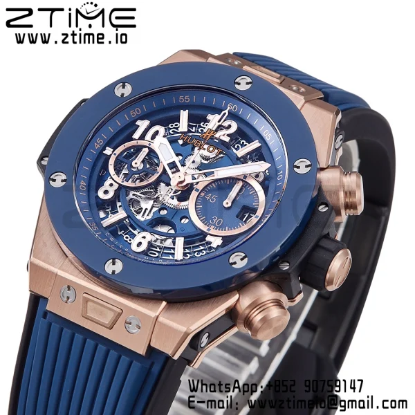 HUBLOT Big Bang Unico 44mm 421.OL.5180.RX RG BBF 1:1 Best Edition Skeleton Dial Blue Ceramic Bezel on Blue Rubber Strap A1280 V2 - Super Clone Watch | 1:1 Best Version