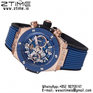 HUBLOT Big Bang Unico 44mm 421.OL.5180.RX RG BBF 1:1 Best Edition Skeleton Dial Blue Ceramic Bezel on Blue Rubber Strap A1280 V2 - Super Clone Watch | 1:1 Best Version