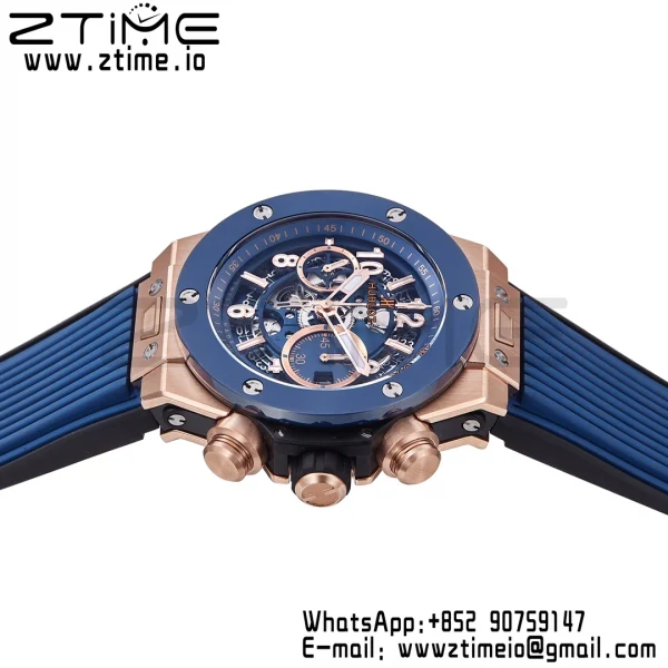 HUBLOT Big Bang Unico 44mm 421.OL.5180.RX RG BBF 1:1 Best Edition Skeleton Dial Blue Ceramic Bezel on Blue Rubber Strap A1280 V2 - Super Clone Watch | 1:1 Best Version
