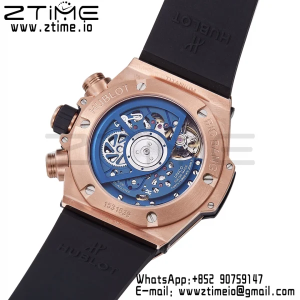 HUBLOT Big Bang Unico 44mm 421.OL.5180.RX RG BBF 1:1 Best Edition Skeleton Dial Blue Ceramic Bezel on Blue Rubber Strap A1280 V2 - Super Clone Watch | 1:1 Best Version