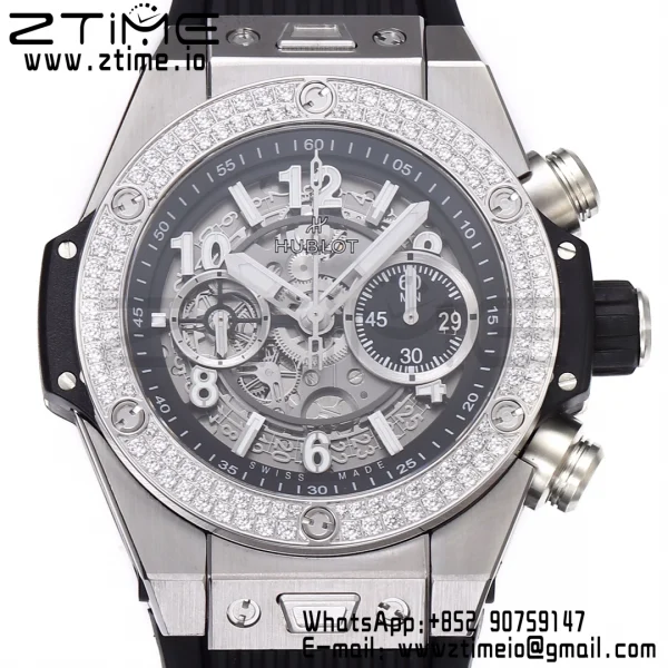 HUBLOT Big Bang Unico 44mm 421.NX.1170.RX Titanium Diamonds Bezel BBF 1:1 Best Edition Skeleton Dial on Black Rubber Strap A1280 V2 - Super Clone Watch | 1:1 Best Version