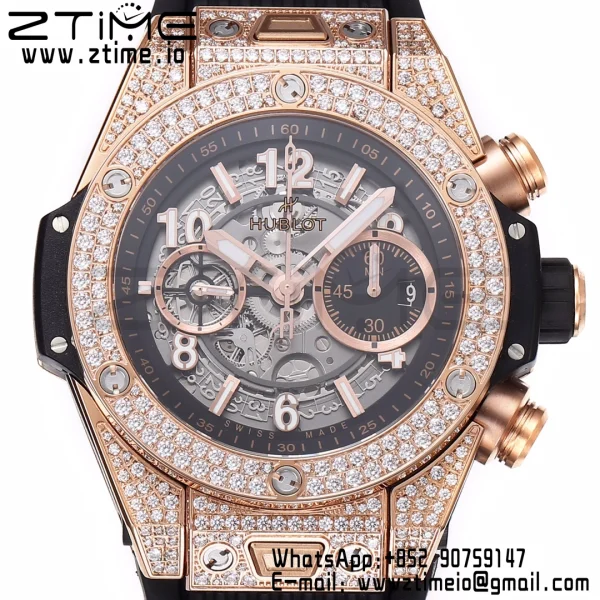 HUBLOT Big Bang Unico 44mm 421.OX.1180.RX.1104 RG BBF 1:1 Best Edition Quadrante scheletrato su cinturino in gomma nera A1280 V2 - Orologio Super Clone | 1:1 Best Version