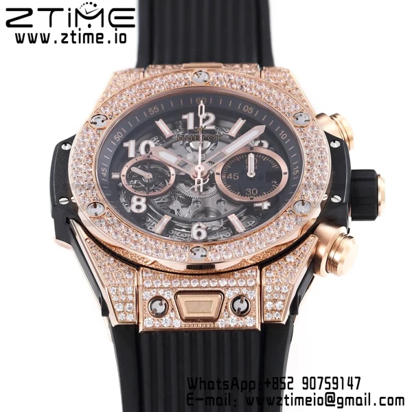 HUBLOT Big Bang Unico 44mm 421.OX.1180.RX.1104 RG BBF 1:1 Best Edition Quadrante scheletrato su cinturino in gomma nera A1280 V2 - Orologio Super Clone | 1:1 Best Version