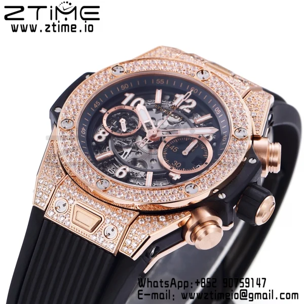 HUBLOT Big Bang Unico 44mm 421.OX.1180.RX.1104 RG BBF 1:1 Best Edition Quadrante scheletrato su cinturino in gomma nera A1280 V2 - Orologio Super Clone | 1:1 Best Version