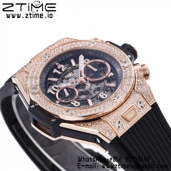 HUBLOT Big Bang Unico 44mm 421.OX.1180.RX.1104 RG BBF 1:1 Best Edition Quadrante scheletrato su cinturino in gomma nera A1280 V2 - Orologio Super Clone | 1:1 Best Version